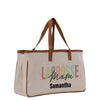 a large white bag with a brown handle