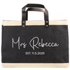 A black and beige tote bag with the text 