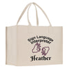 A beige canvas tote bag with the text "Sign Language Interpreter Heather" printed on it, along with hand gestures.