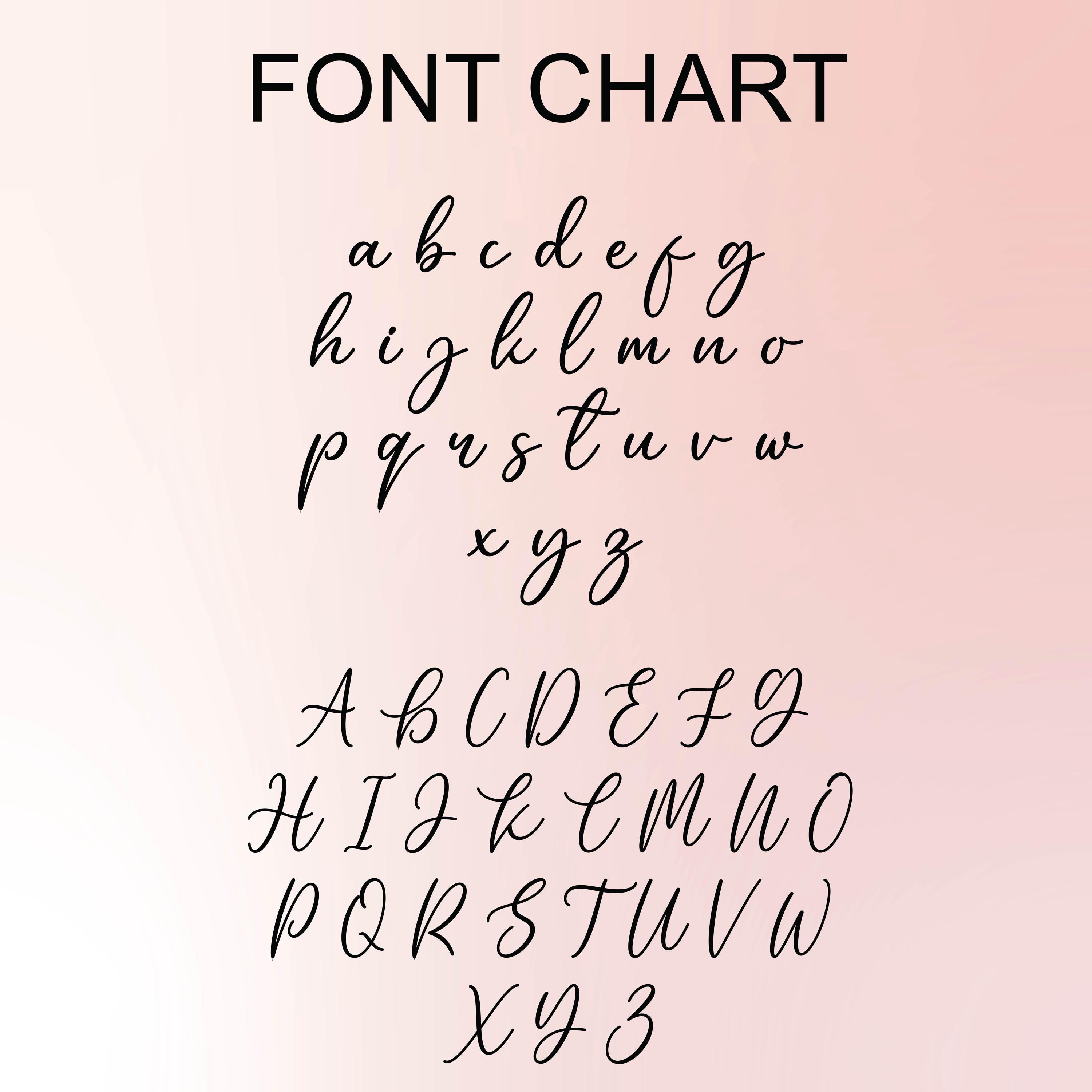 a font chart with various types of cursive font styles and their corresponding letters.
