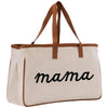 A beige canvas tote bag with the word "mama" printed in black cursive text.