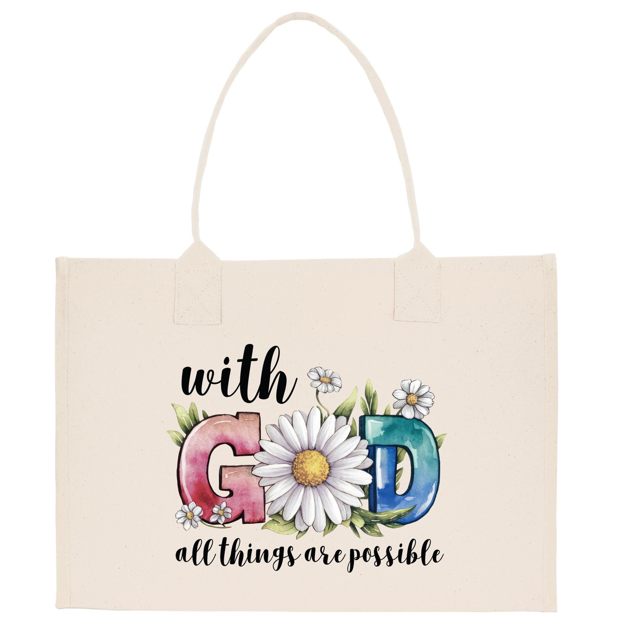 a white bag with the words with god all things are possible
