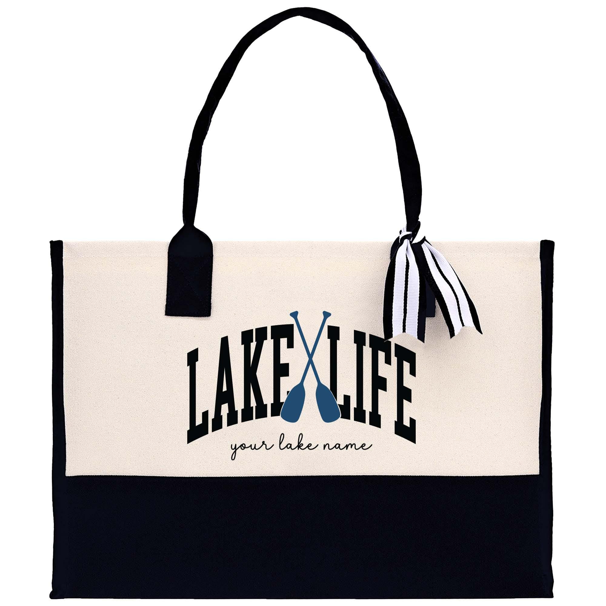a white and black bag with lake life on it