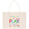 a white shopping bag with the words play printed on it