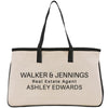 A beige canvas tote bag with black straps and handles, featuring the text "WALKER & JENNINGS Real Estate Agent ASHLEY EDWARDS" printed on it.