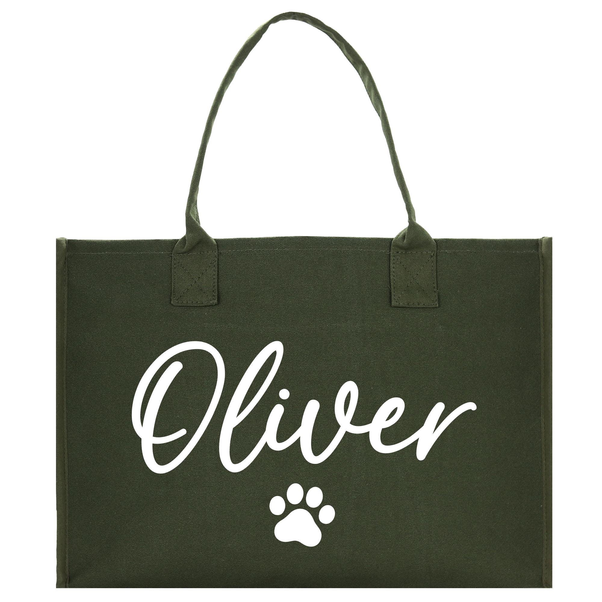 a green shopping bag with a dog&#39;s paw on it