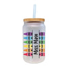 A frosted glass tumbler with a bamboo lid and a straw, featuring a colorful crayon design and the text "Miss Magi" printed on it.