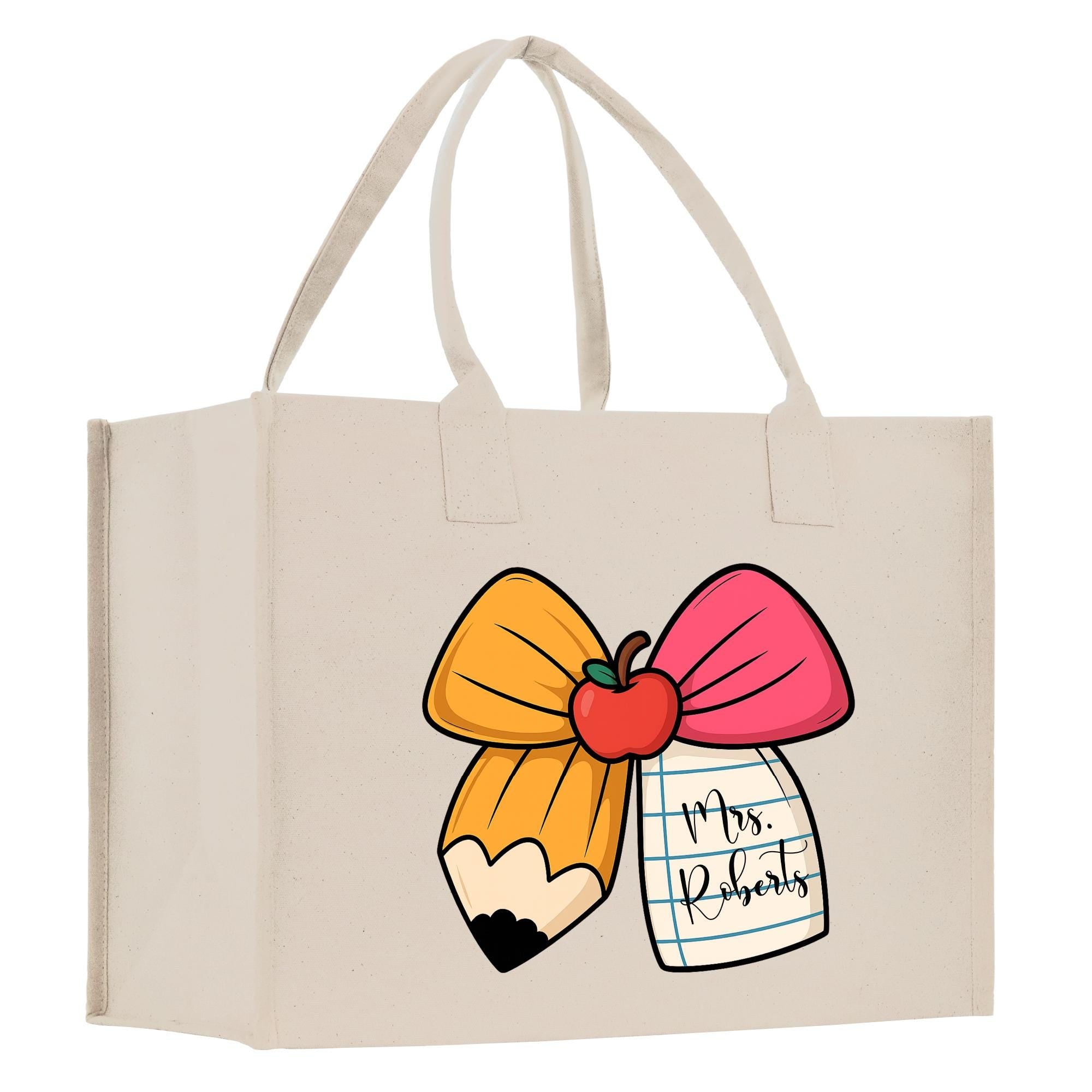 A beige tote bag with a colorful graphic design depicting a pencil and an apple, along with the text &quot;Mrs. Roberts&quot;.