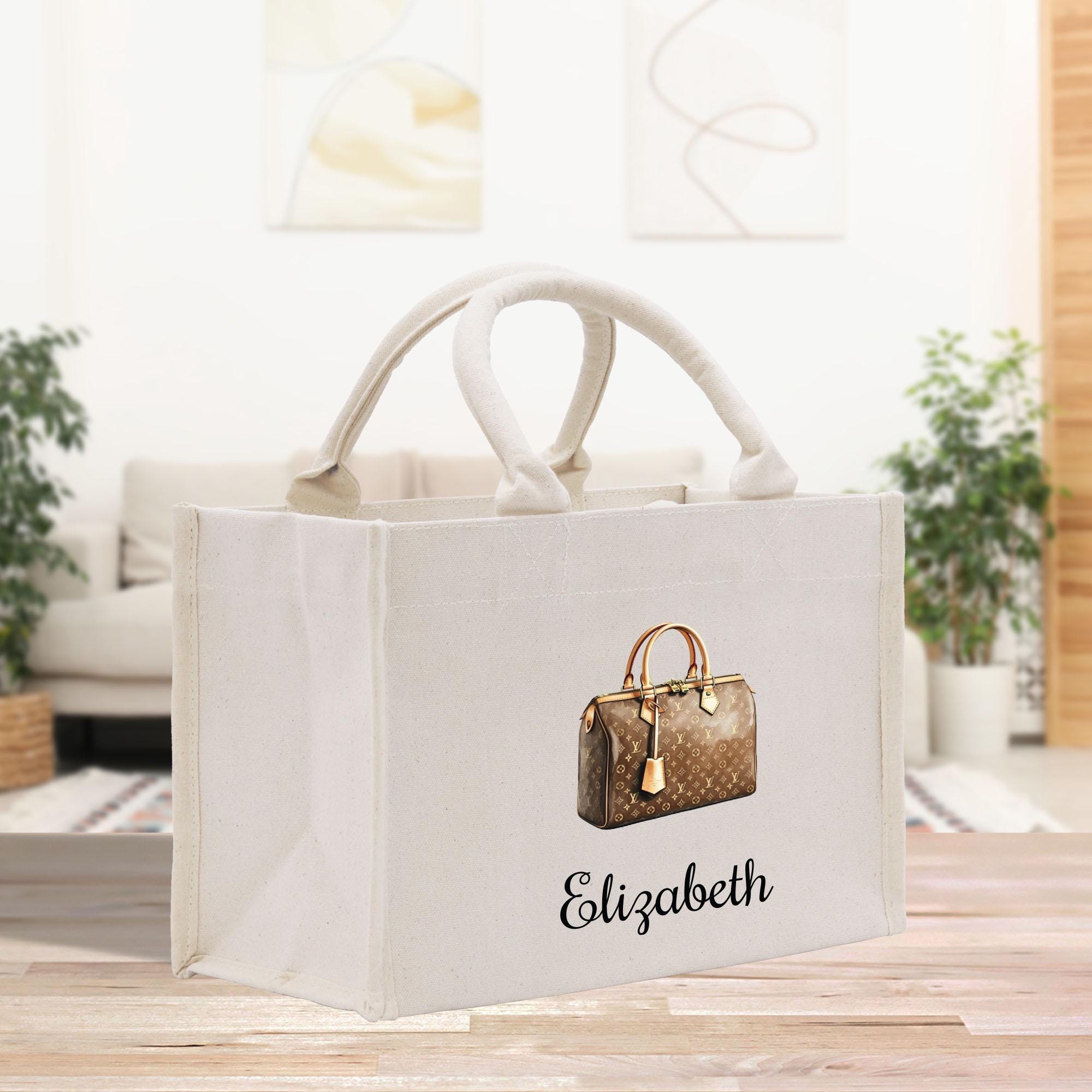a white bag with a brown purse on it