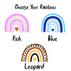 three rainbows with the words choose your rainbow, pink, blue, and leopard