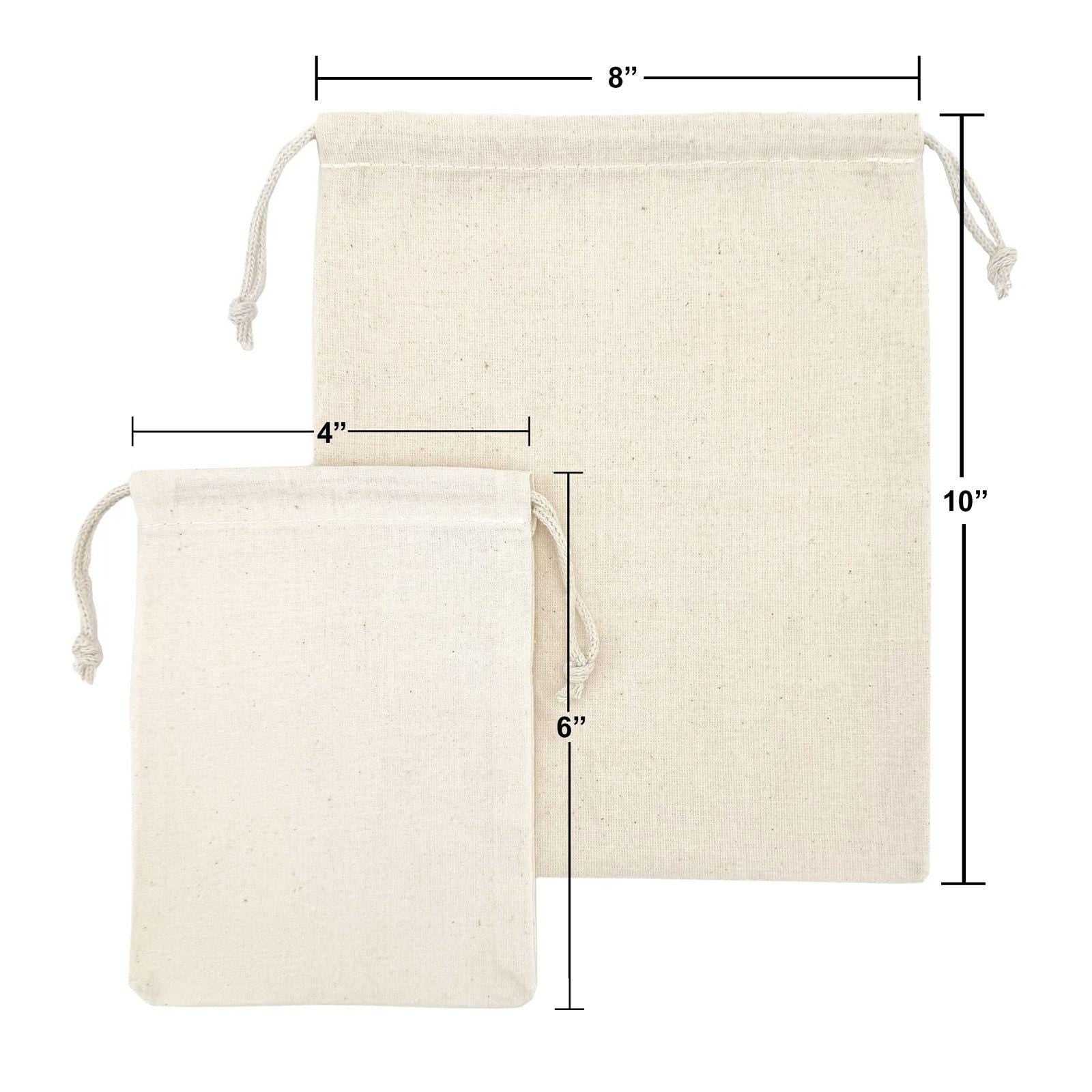 two beige canvas bags, one larger and one smaller, with measurements provided.