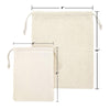two beige canvas bags, one larger and one smaller, with measurements provided.