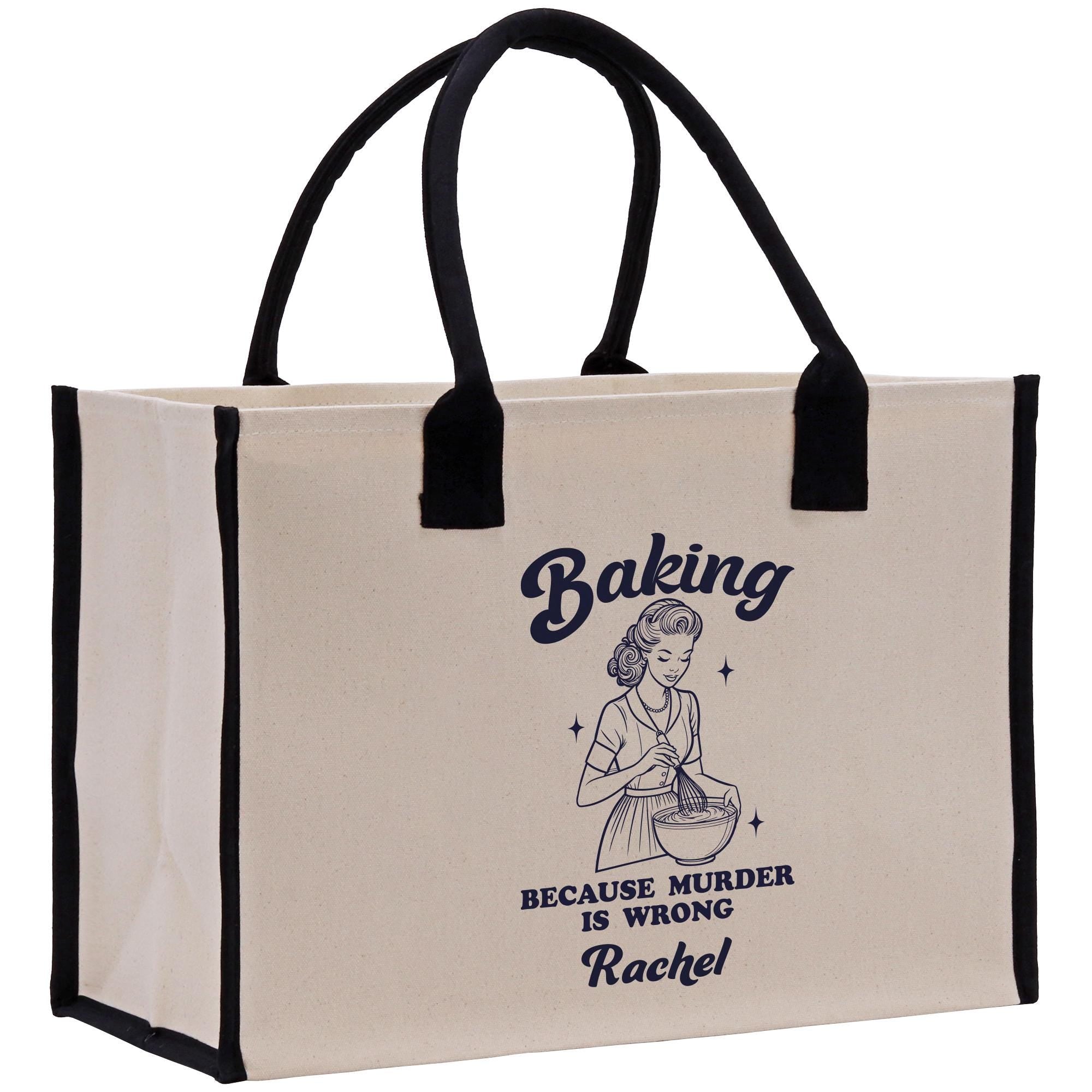 a white bag with a black handle and a picture of a woman baking