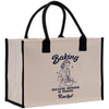 a white bag with a black handle and a picture of a woman baking
