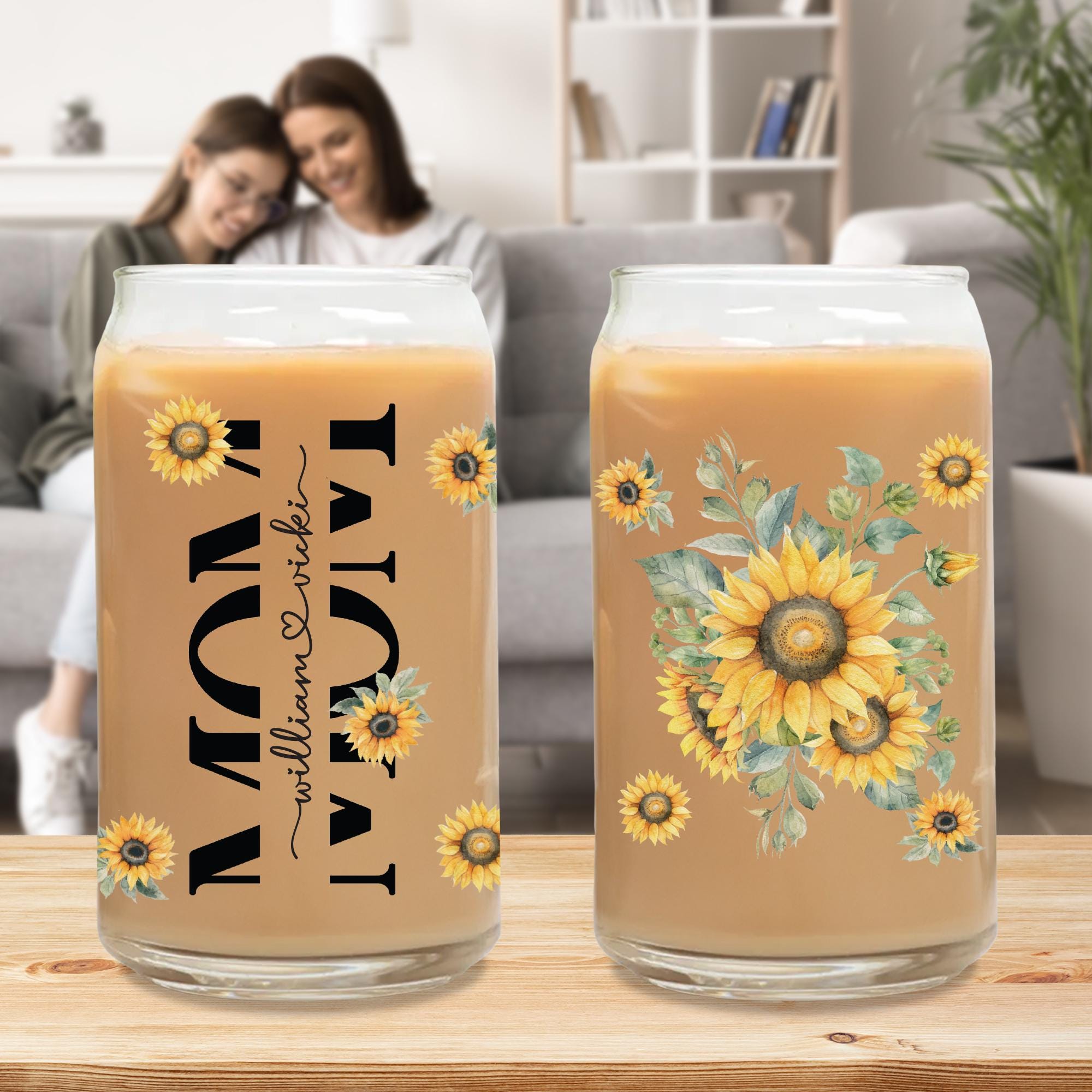 two sunflowers are painted on the side of a mason jars