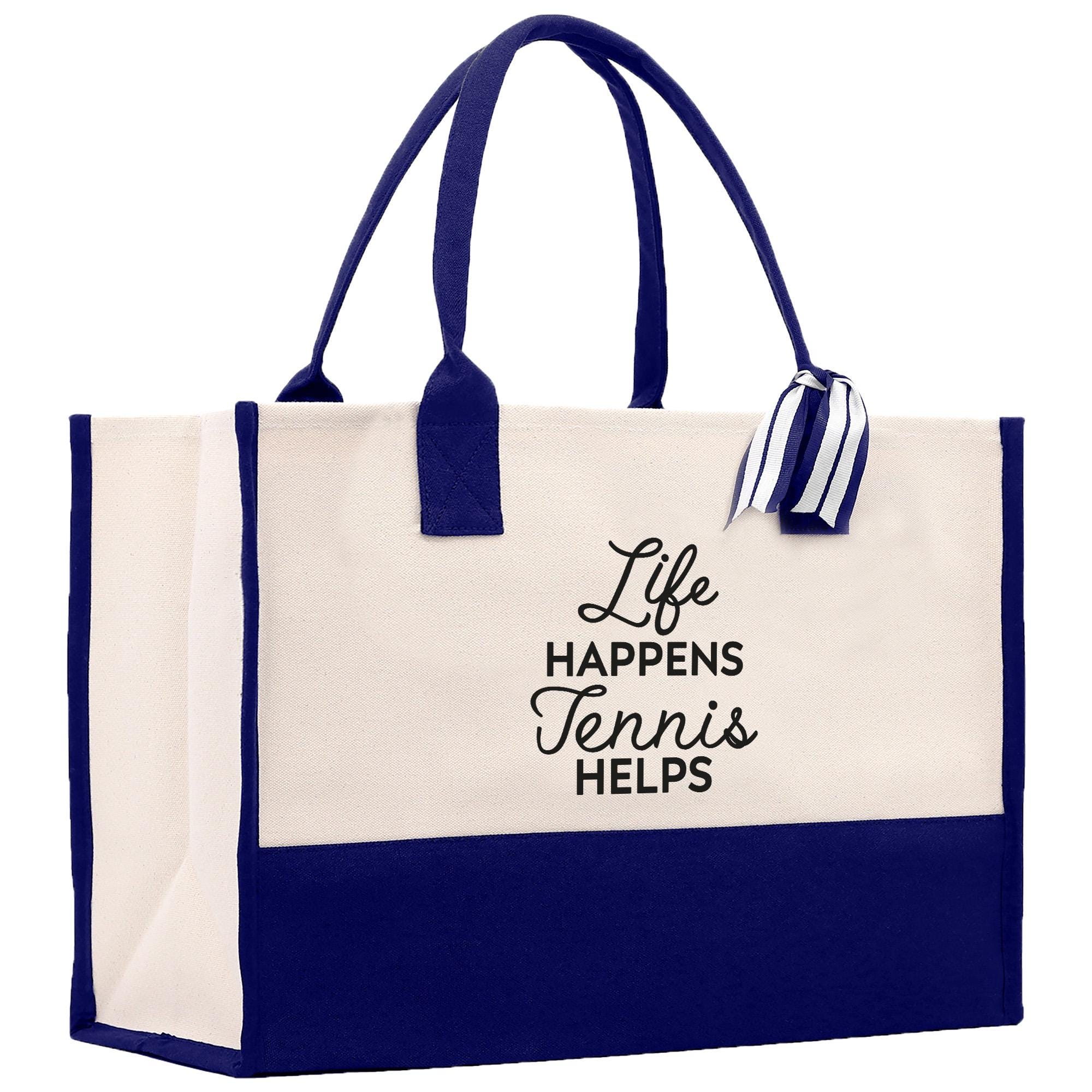 A large tote bag with a white and blue color scheme, featuring a printed message on the front.