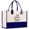 A large tote bag with a white and blue color scheme, featuring a printed message on the front.