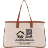 a canvas tote bag with a brown leather handle
