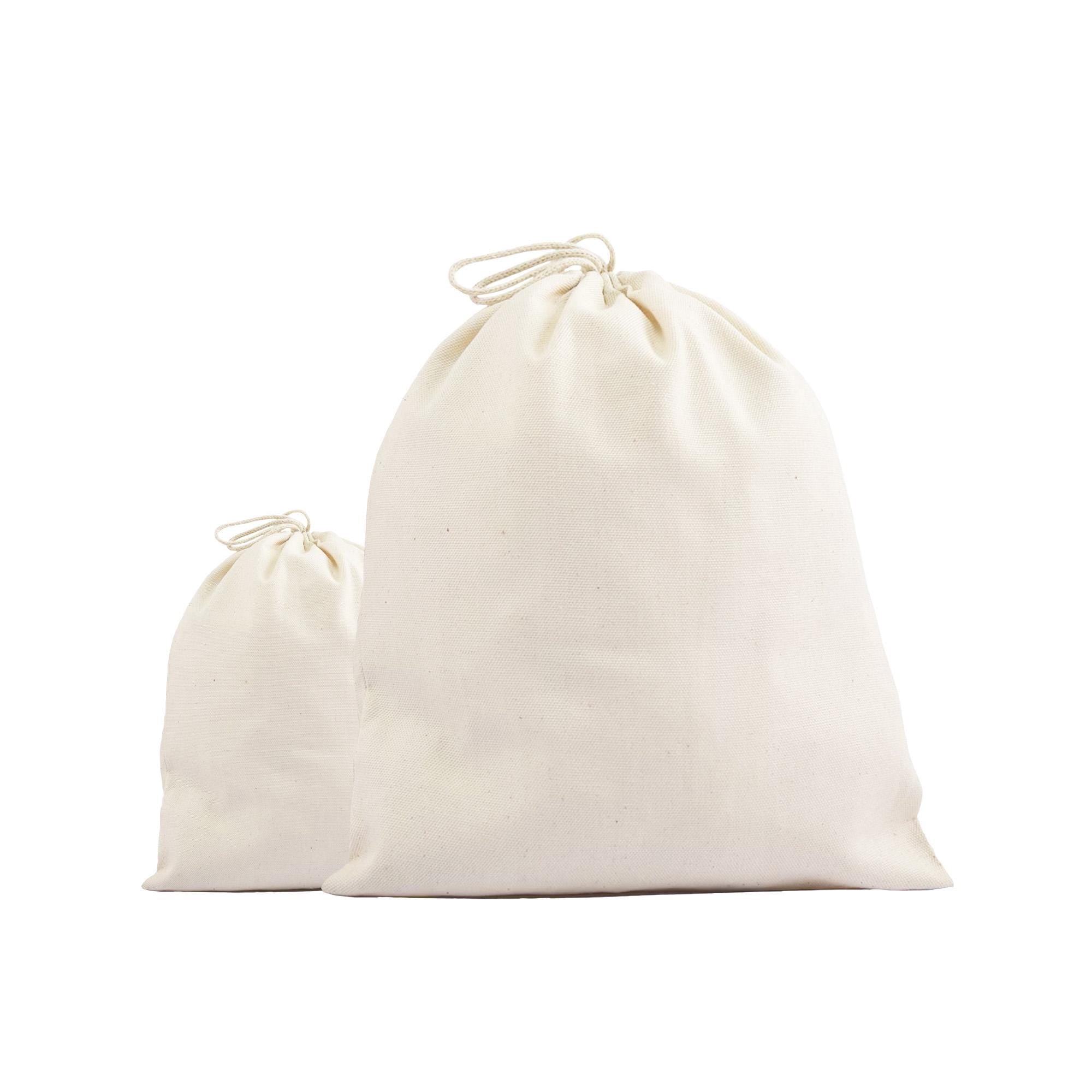 Two white drawstring bags are shown against a white background.