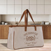 a white bag sitting on top of a wooden table