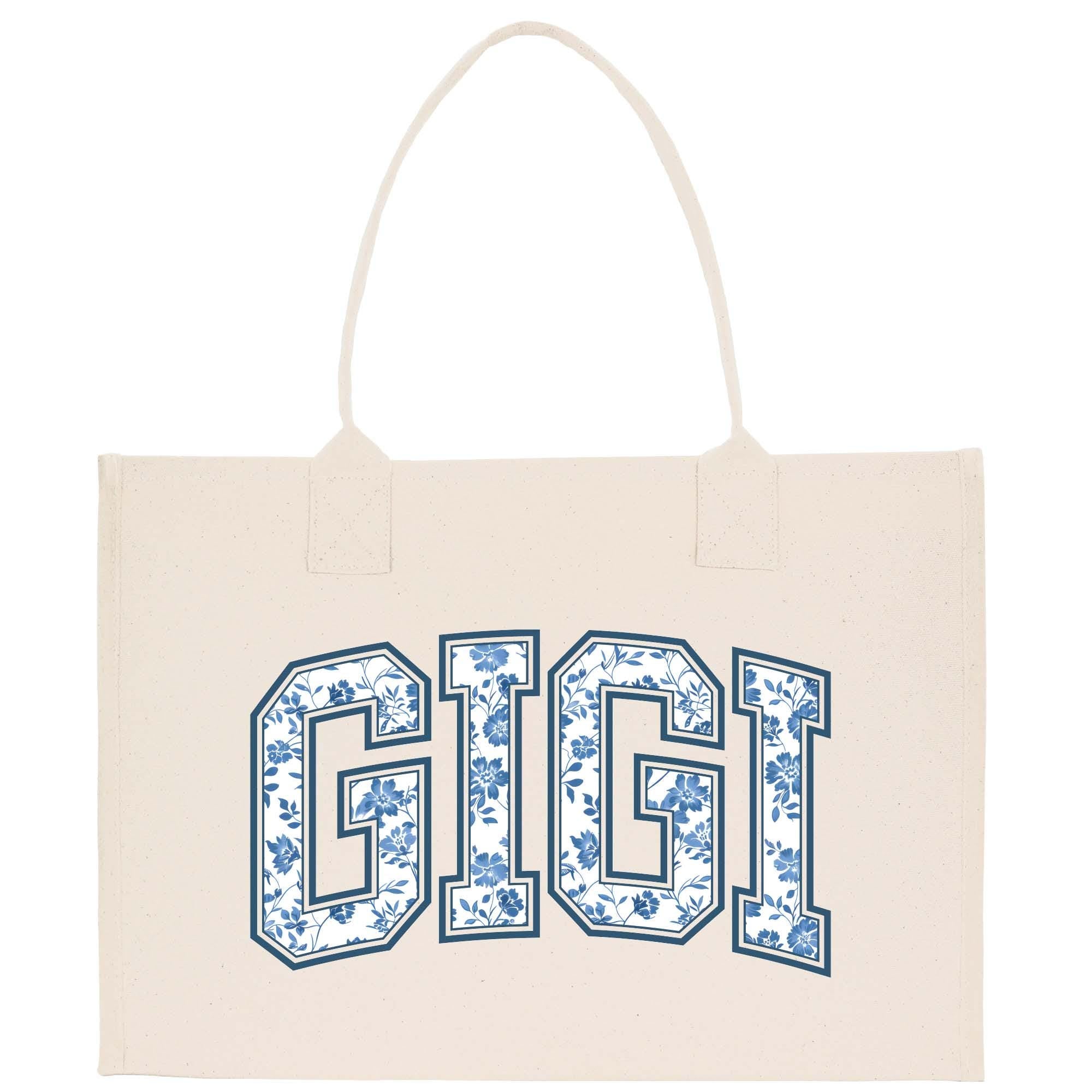 a white bag with blue letters on it