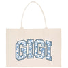 a white bag with blue letters on it