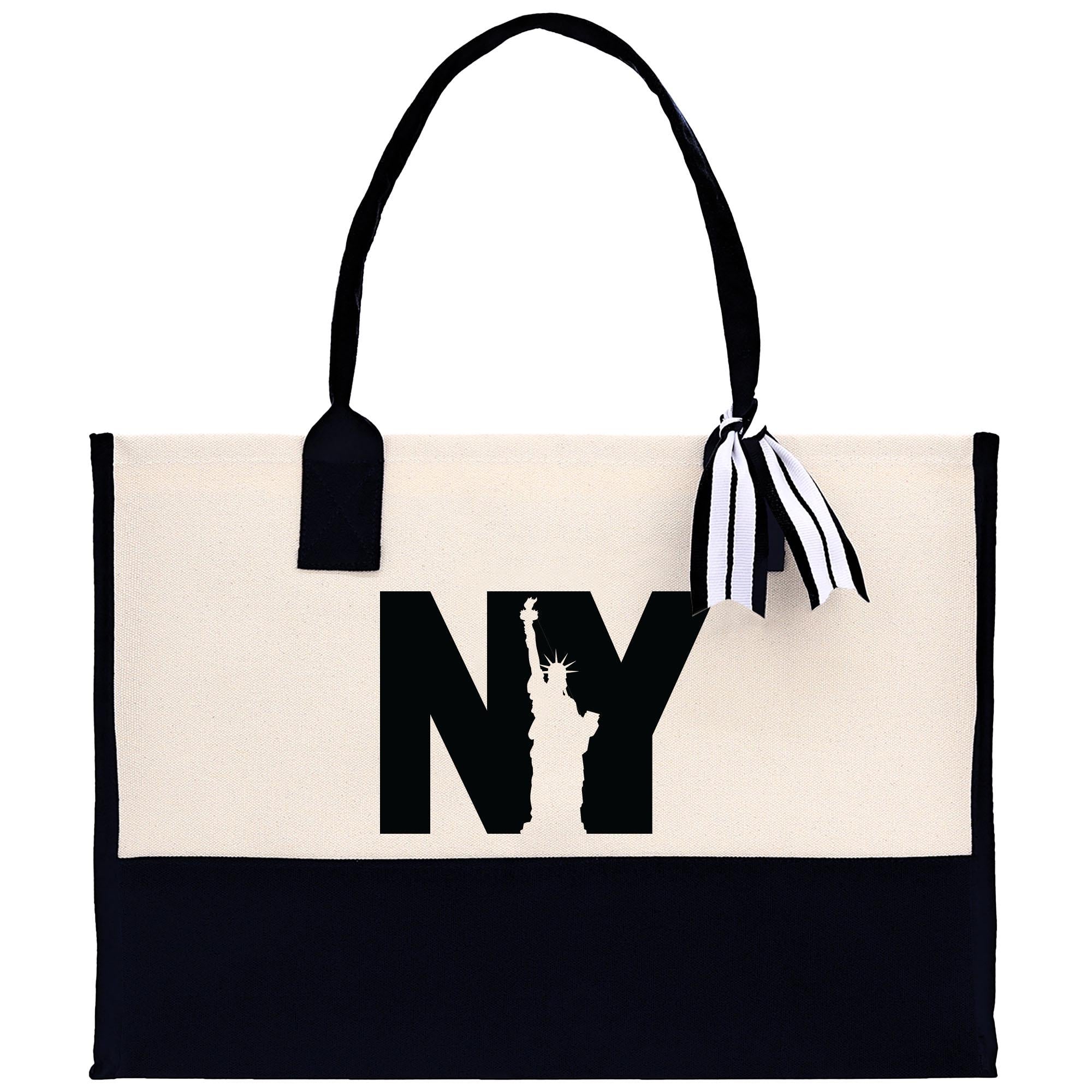 a black and white bag with a statue of liberty on it