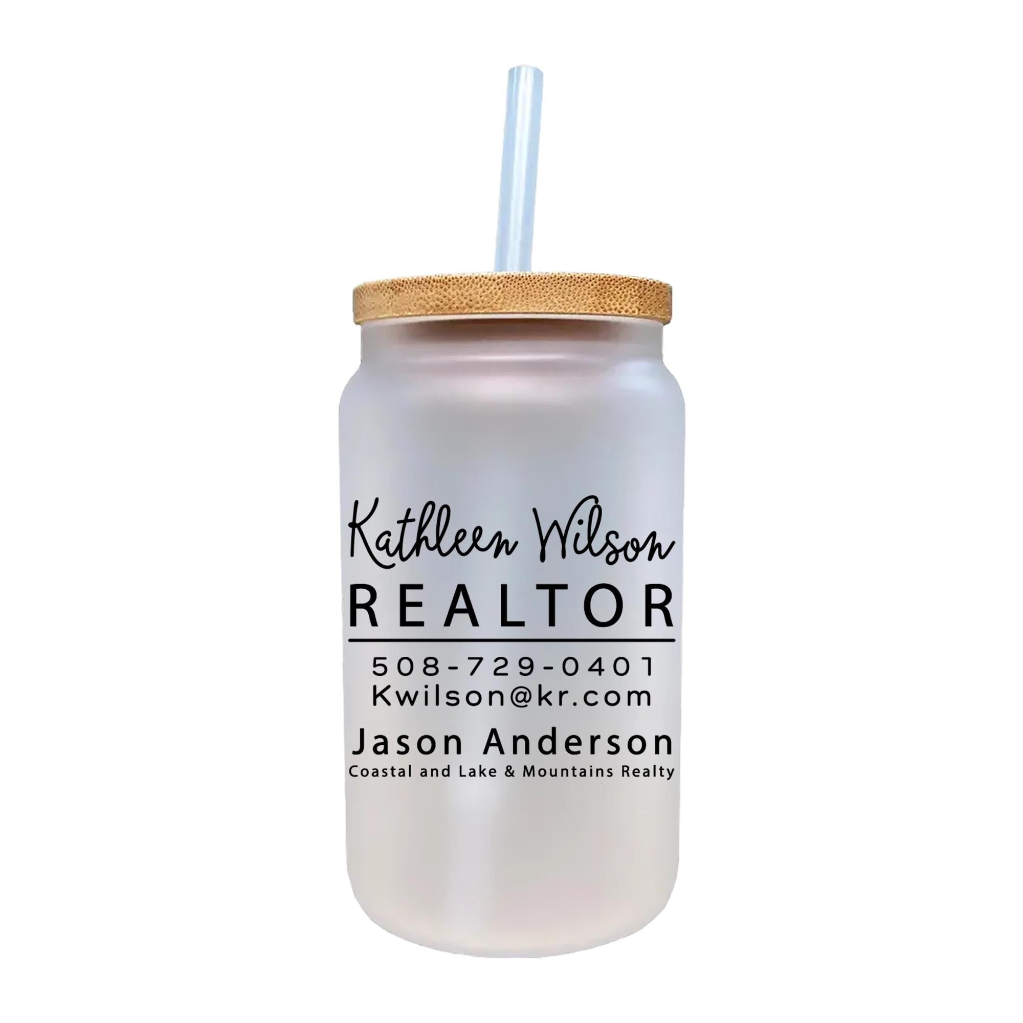 a white mason jar with a straw in it