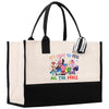 a white and black bag with a cartoon character on it