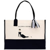 a black and white bag with a picture of a woman on it