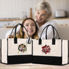 a woman sitting next to a woman holding a bag