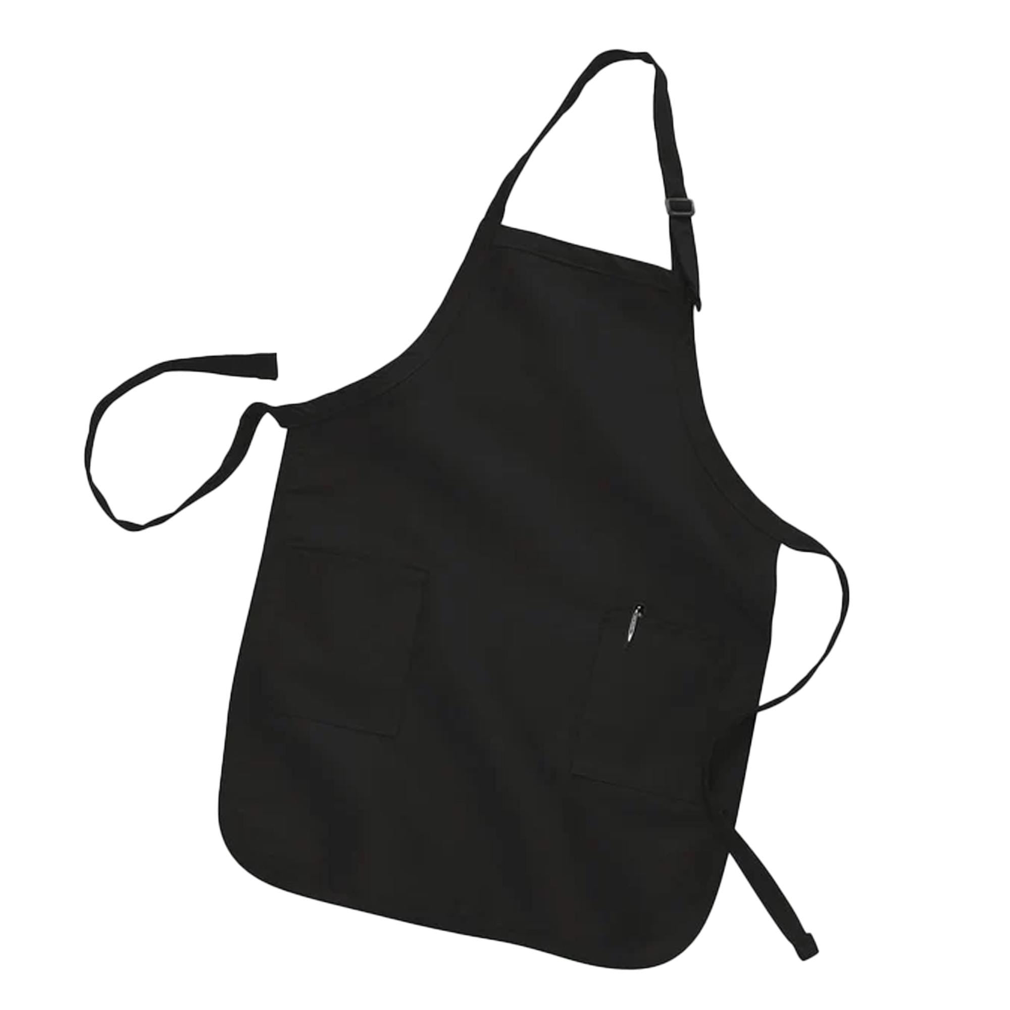 A black apron with a pocket and a strap is shown against a white background.
