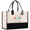 a white and black bag with words on it