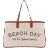 a white beach bag with a brown handle