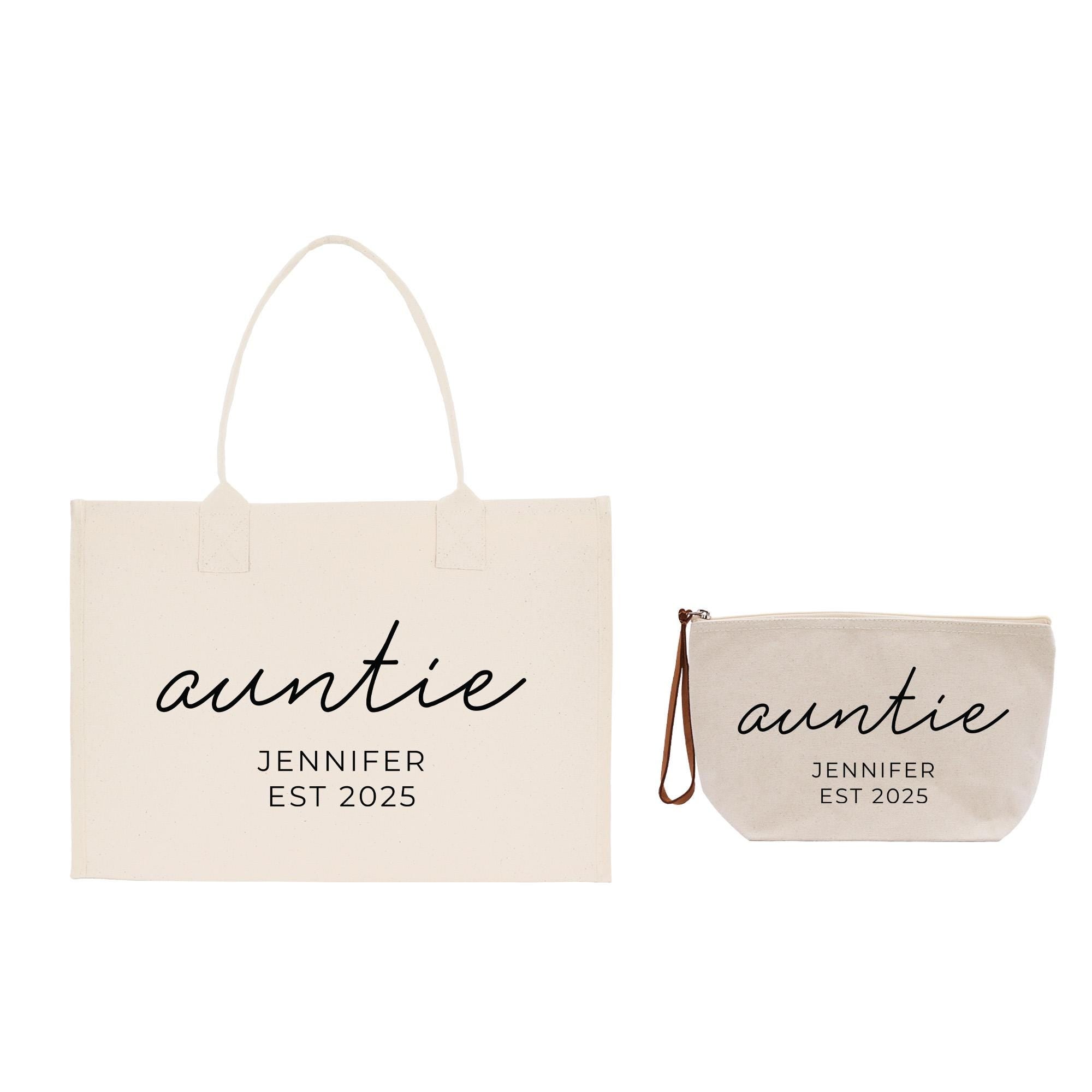 A beige tote bag and a small bag are shown against a white background.