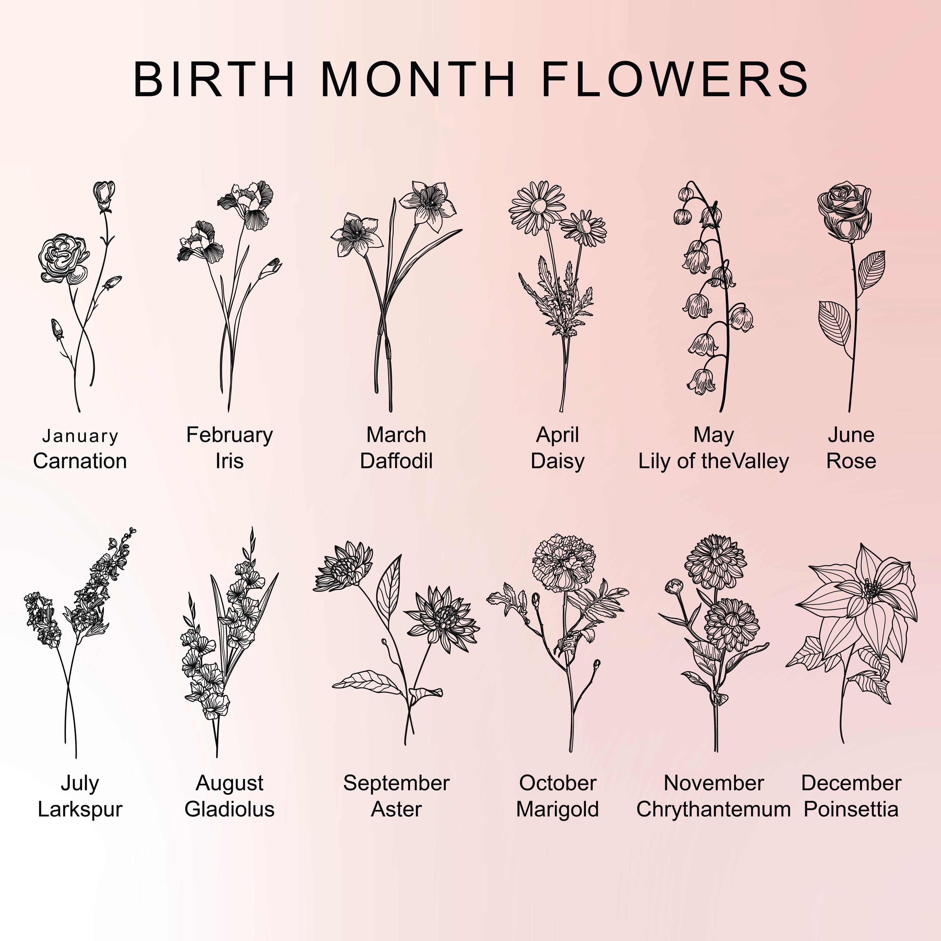 a collection of twelve illustrations representing different types of flowers, each corresponding to a specific month of the year.
