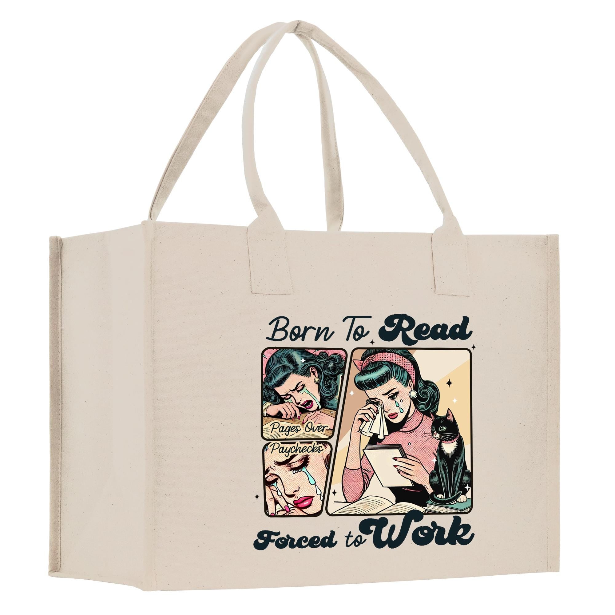 a white shopping bag with a picture of a woman reading a book