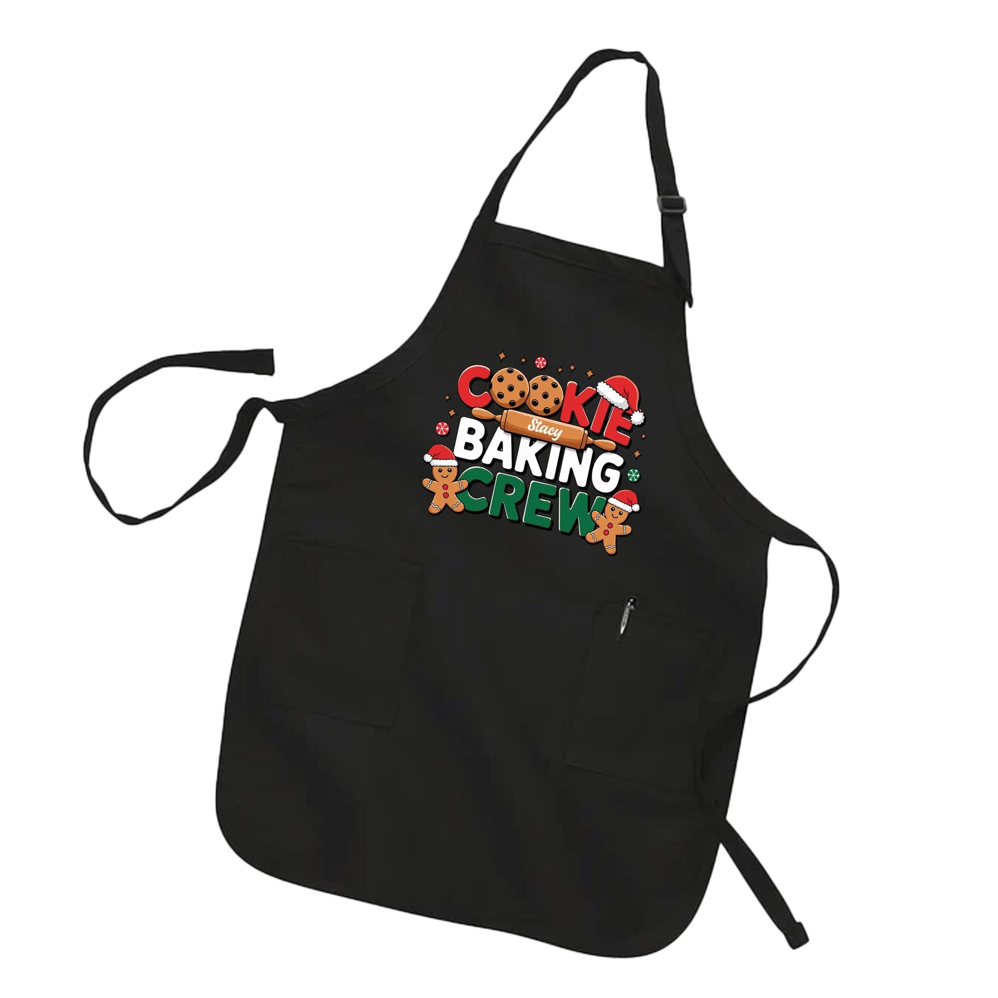 A black apron with a colorful design that says &quot;COOKIE BAKING REW&quot; on it.