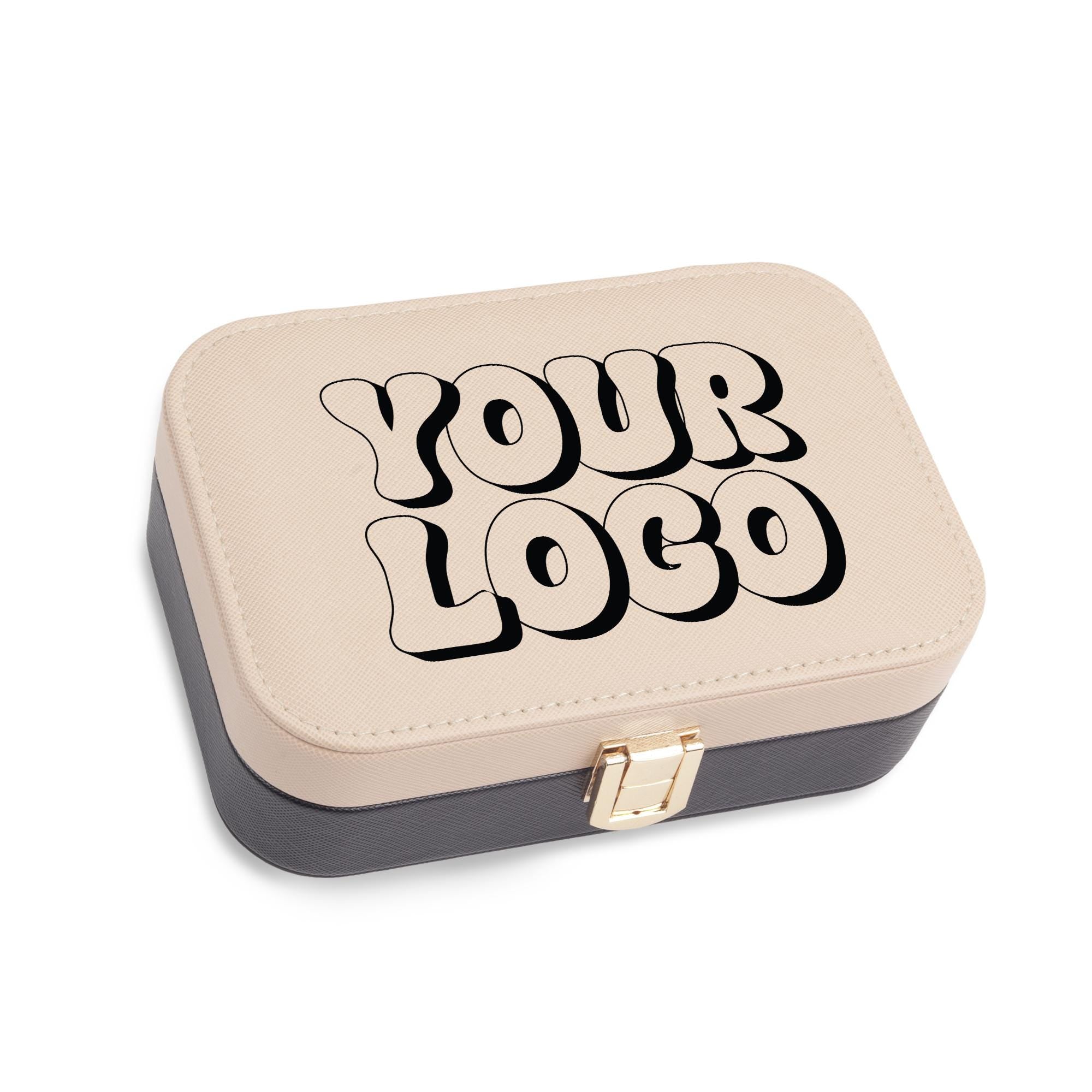 A beige and black leather jewelry box with the text &quot;YOUR LOGO&quot; printed on it.