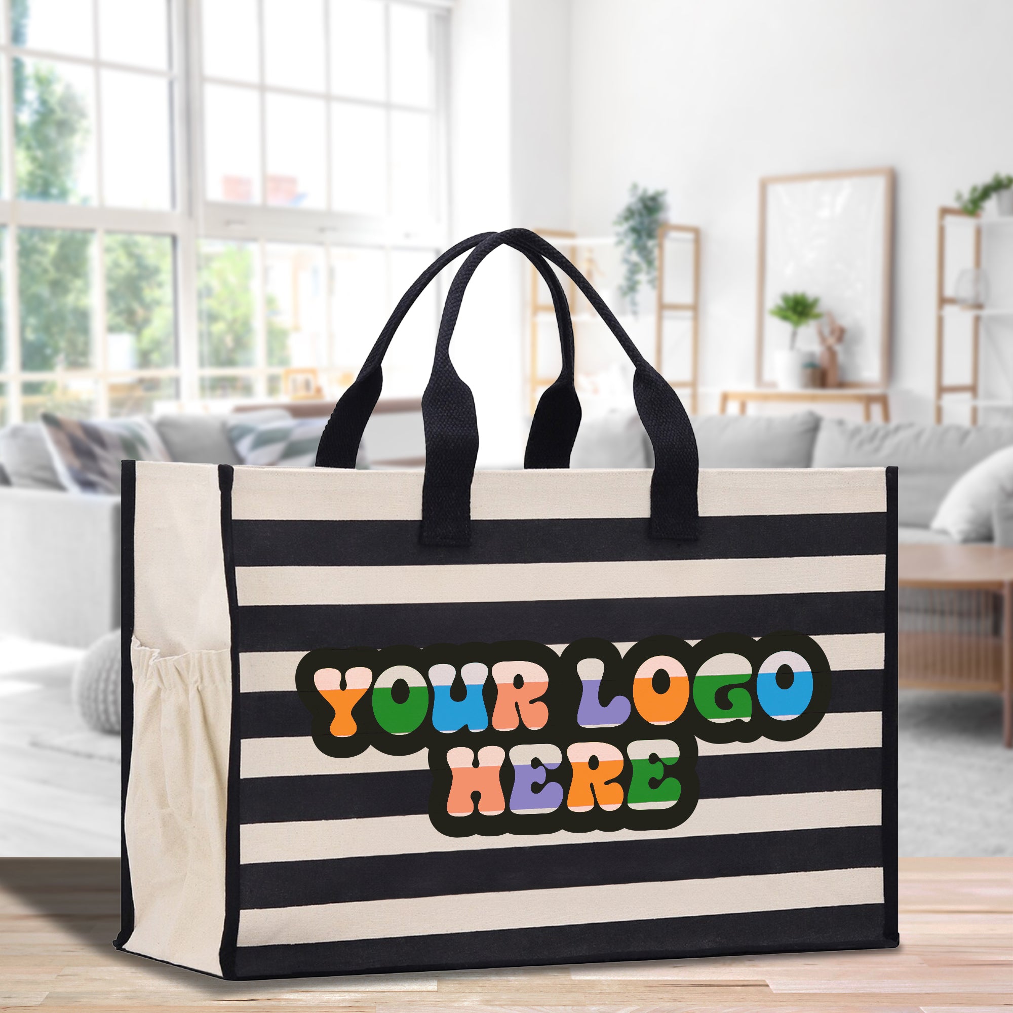 a black and white striped bag with the words your logo here on it