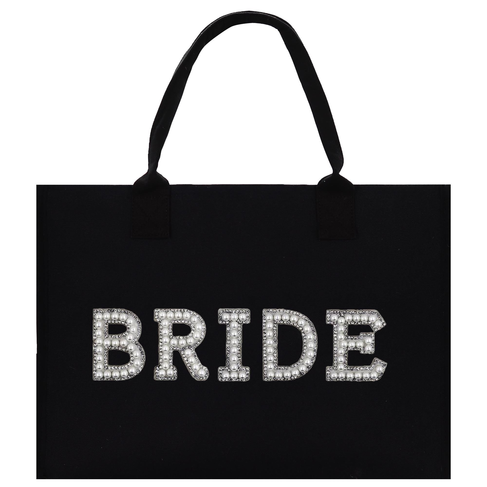 a black tote bag with the word bride on it