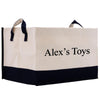 a white and black bag with the word alex's toys on it