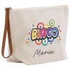 A beige canvas tote bag with a colorful graphic design featuring the word "BINGO" surrounded by stars and numbers.