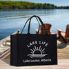 a lake life bag sitting on a dock