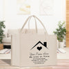 a white bag with a house and heart on it