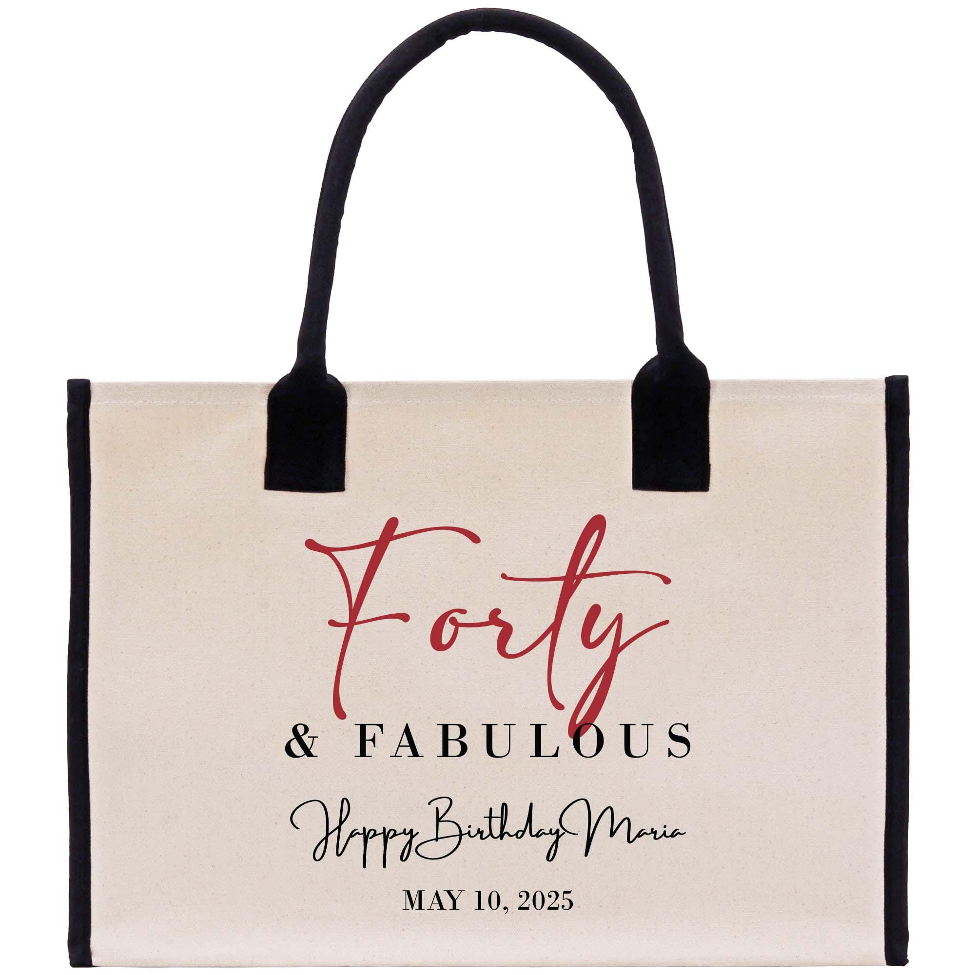 a tote bag with the words forty and fabulous on it