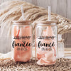 Two glass jars with straws, each containing a pink fabric item, labeled with the text "GIRLFRIEND fiancee 08-10-25" and "BOYFRIEND fiancee 08-10-25" respectively.