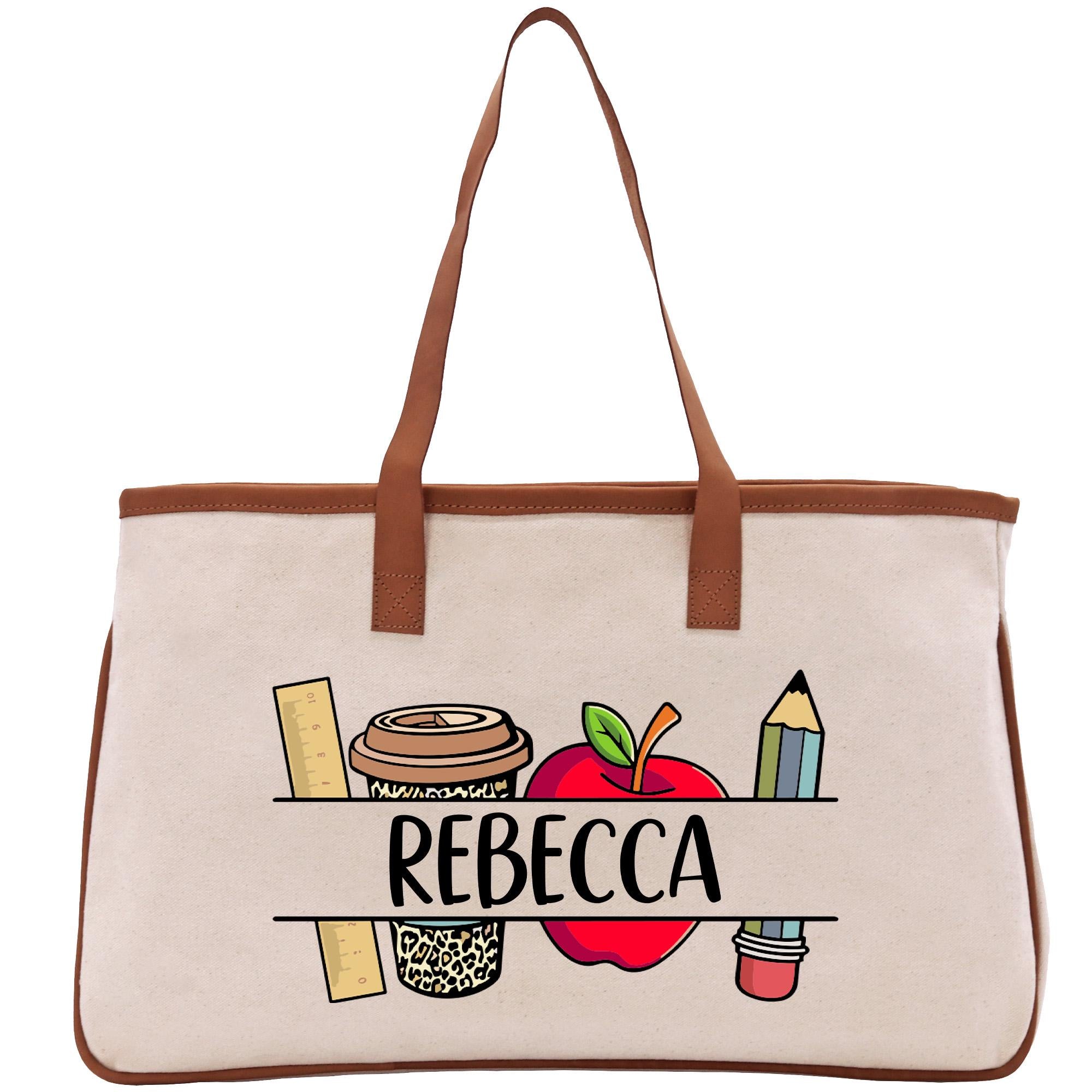 a canvas bag with a picture of an apple, pencils, and a jar