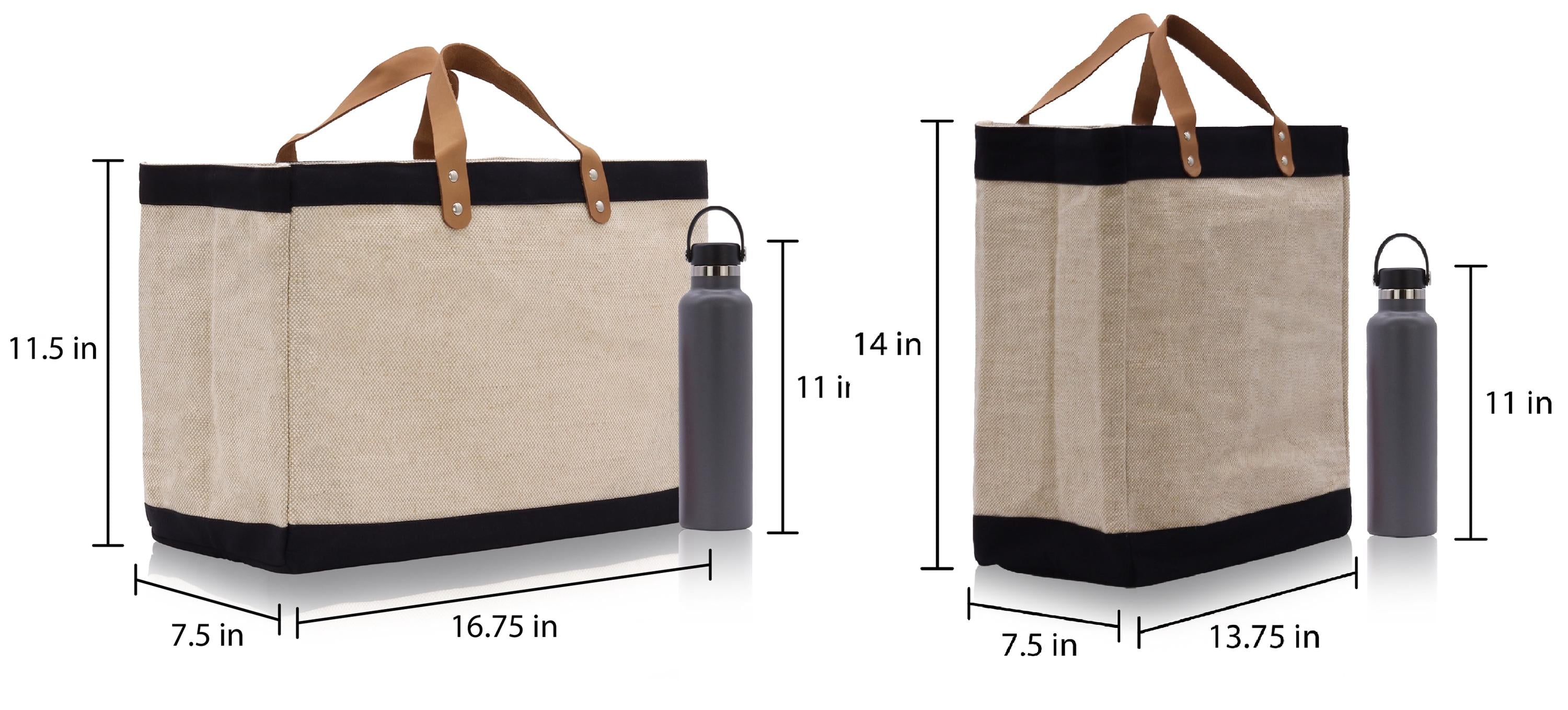 two beige and black tote bags with brown handles, each accompanied by a water bottle. The bags are described as having a size of 11 inches in length, 7.5 inches in width, and 13.75 inches in height.