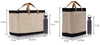 two beige and black tote bags with brown handles, each accompanied by a water bottle. The bags are described as having a size of 11 inches in length, 7.5 inches in width, and 13.75 inches in height.